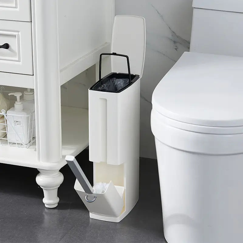 Modern Toilet Brush & Trash Can Set White Plastic