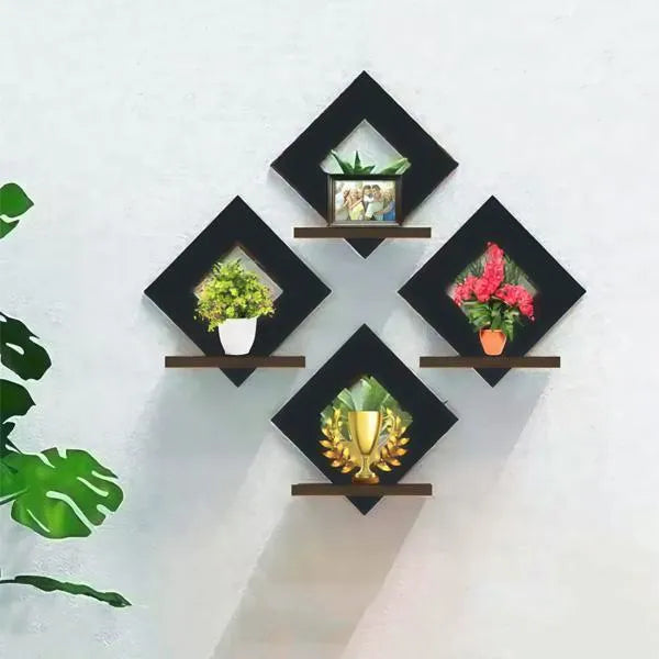 Stylish Black Wooden Wall Shelves Set of 4