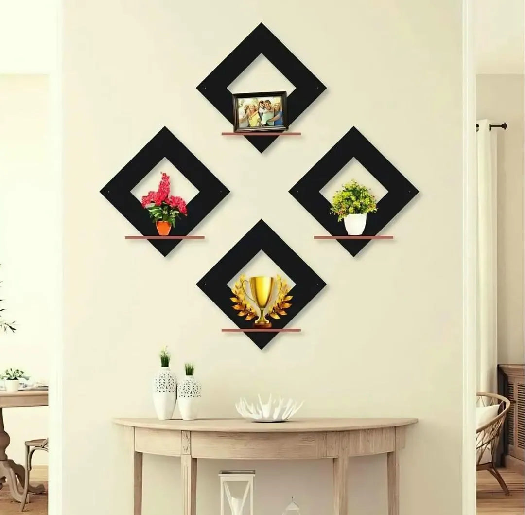 Stylish Black Wooden Wall Shelves Set of 4