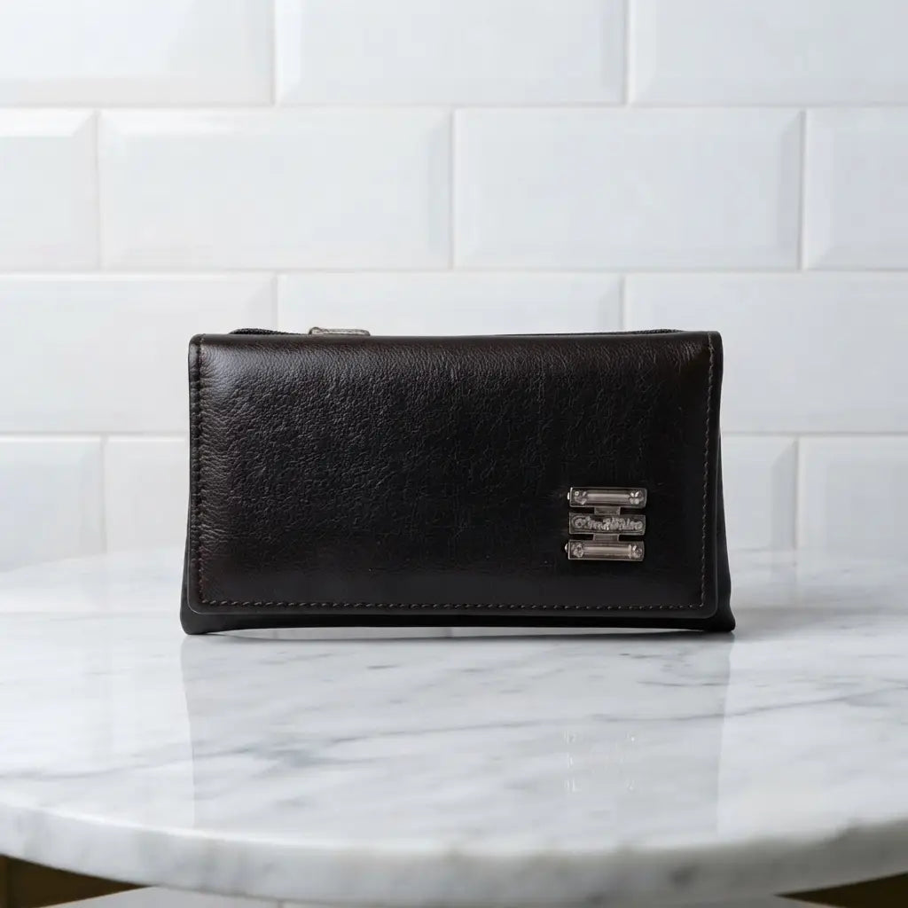 Ladies PU Leather Hand clutch Double Flap-Dark Brown