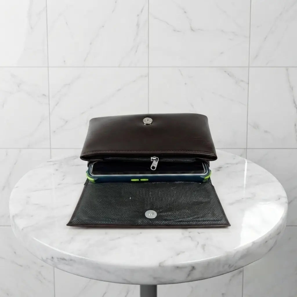 Ladies PU Leather Hand clutch Double Flap-Dark Brown