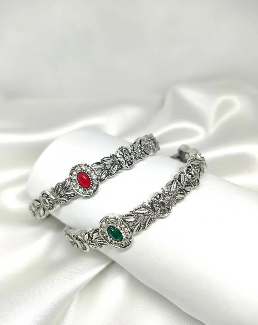 Antique Floral Bangles Red Green Stones Lightweight Alloy