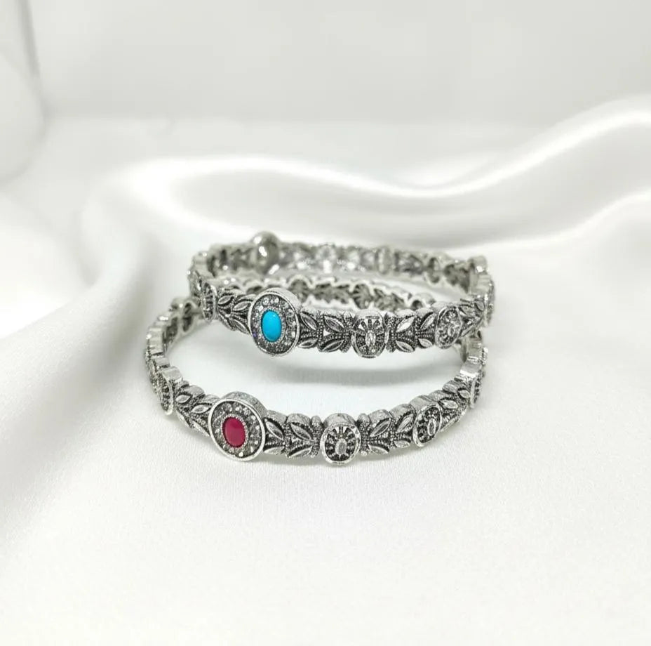 Antique Floral Bangles Red Green Stones Lightweight Alloy