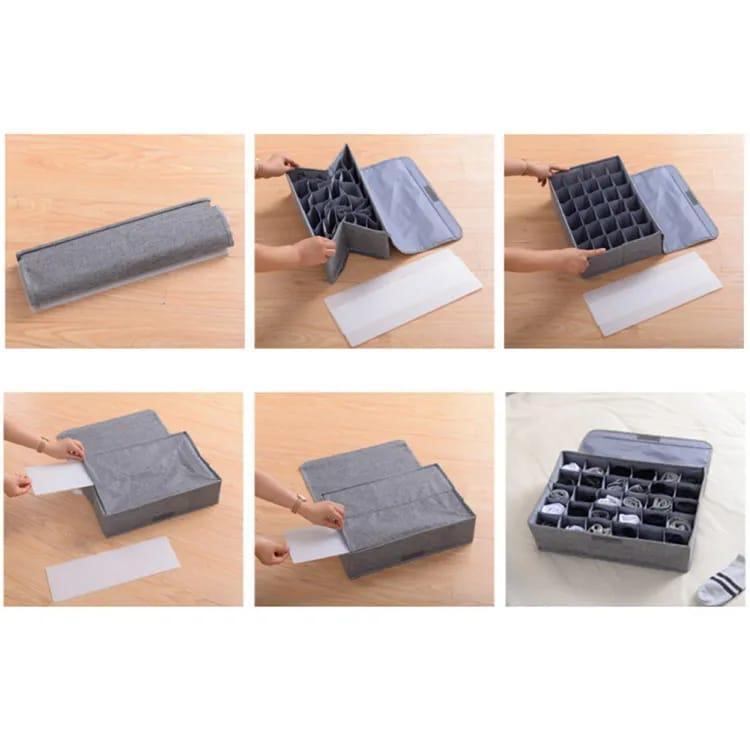 24-Grid Socks Organizer Grey Nylon Compact